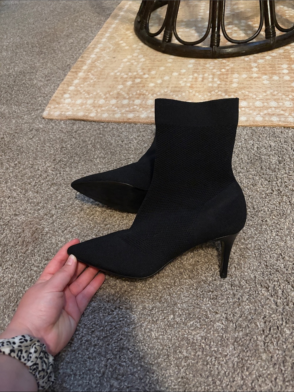 Dune London Black Pointed Knit Sock Ankle Boots
